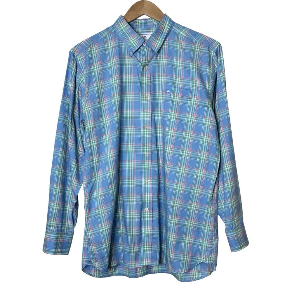 Southern Tide Mens Large Classic Fit Blue Plaid Button Down Shirt Long Sleeve